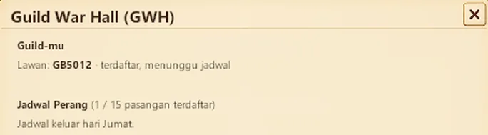 Papan Guild War Hall: guild sudah terdaftar, menunggu jadwal