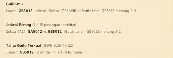 Papan Guild War Hall: hasil pertandingan dan Tahta Guild Terkuat